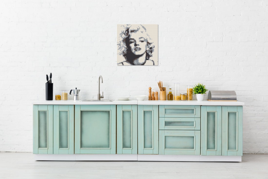 Raumansicht Küche Mosaik 'Klemmbaustein Mosaik 'Marilyn Monroe - monochrome'' (Simulation)